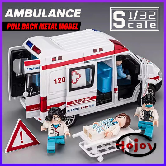 Metal Cars Toys Scale 1/32 Diecast Alloy Ambulance Car Model for Boys Children Kids Toy Vehicles Sound and Light Pull Back