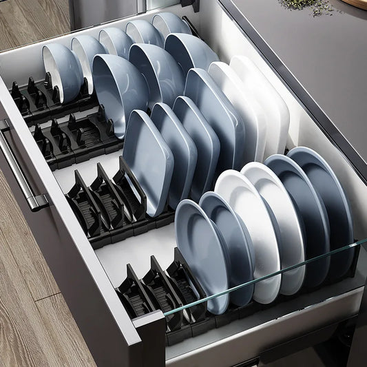 Kitchen Adjustable Dish Rack Under Cabinet Drawer Bowls Plate Storage Holder Retractable Drying Disc Shelf Countertop Organizers