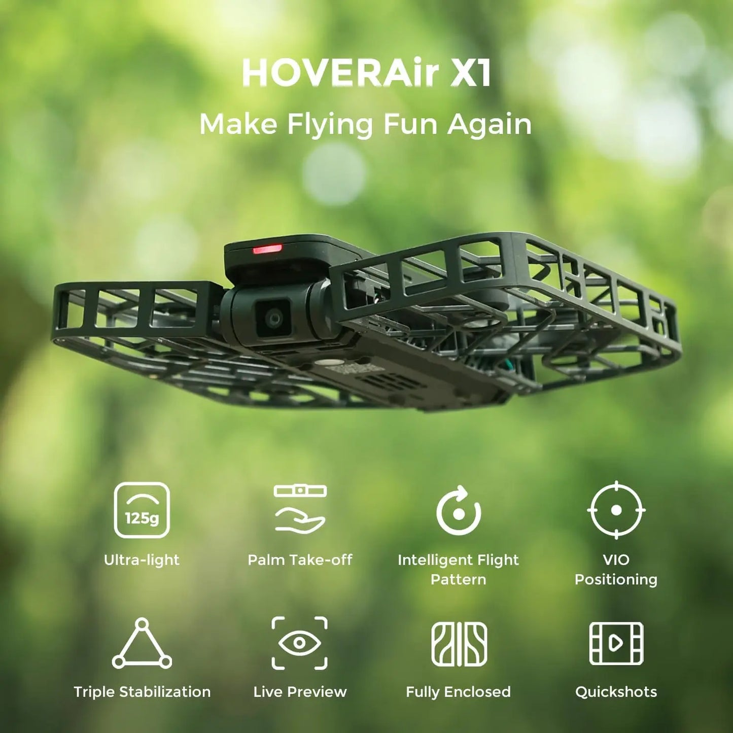 HOVER Air X1 Drone Self Flying Camera Pocket Sized Drone HDR Video Capture Palm Takeoff Intelligent Flight Paths HOVERAir X1